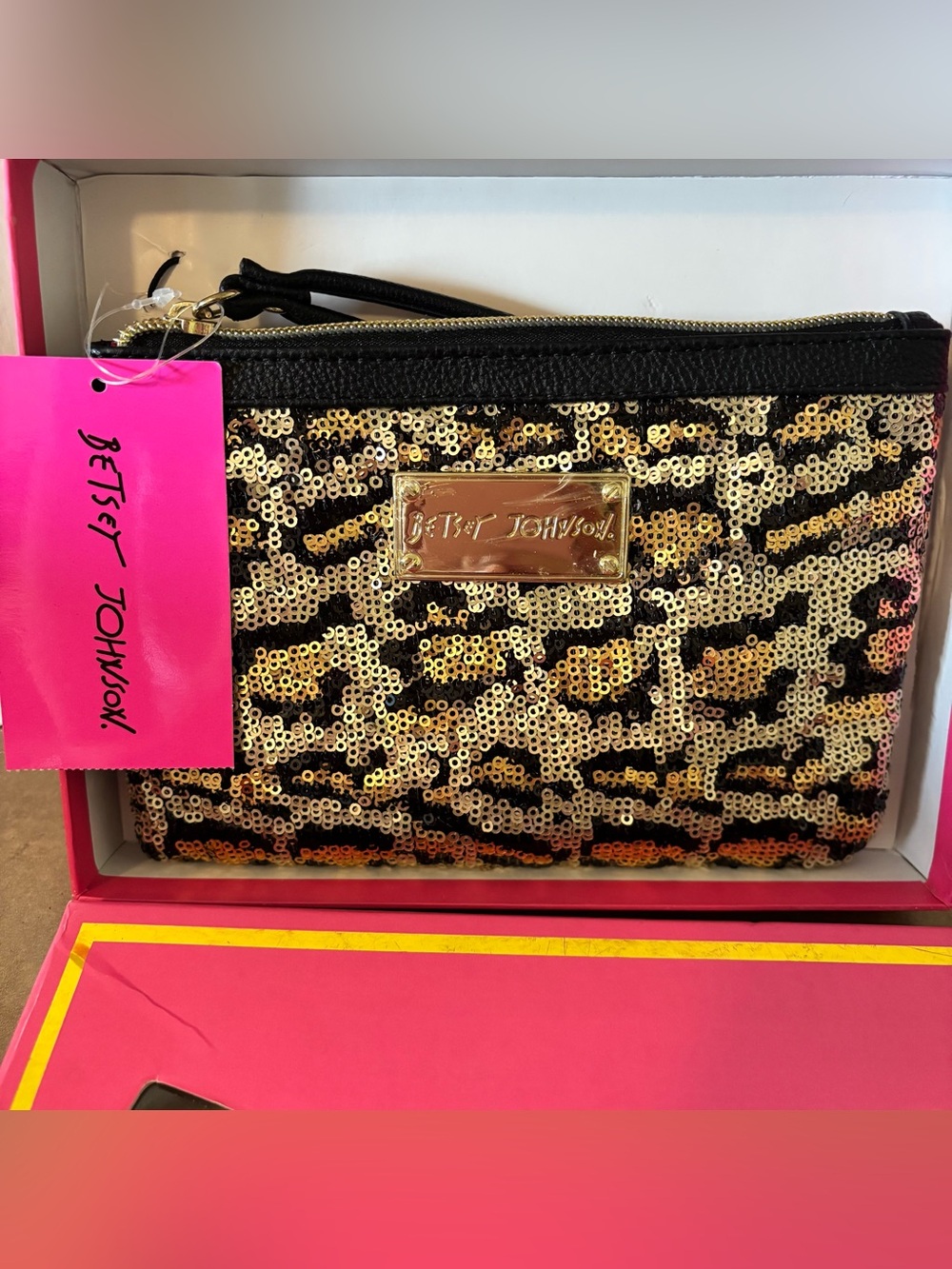 Betsey Johnson Sequin Zipper Wristlet, Leopard Gold/Black Faux Leather 8.5in